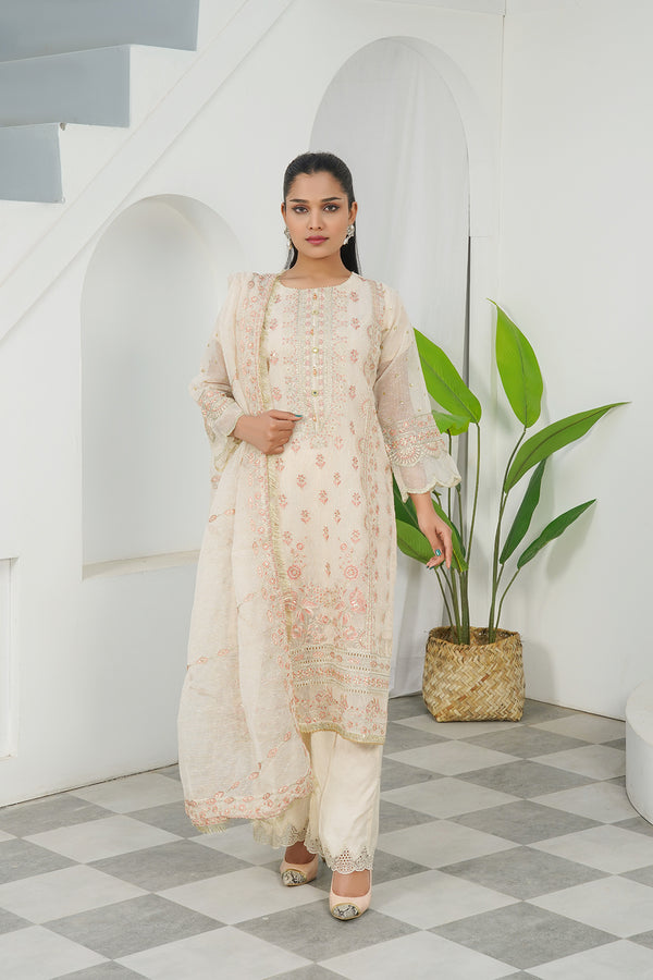 3-PC Fancy Embroidered Karandi Net